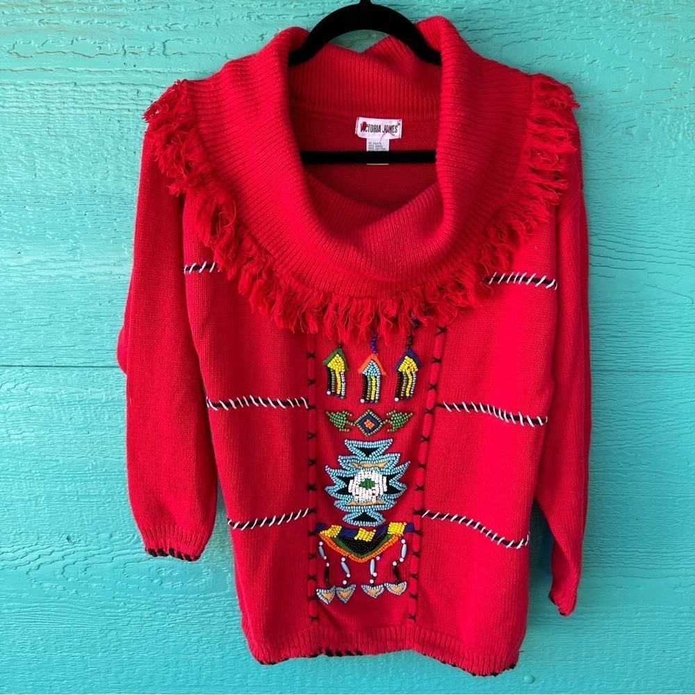 Vintage 80s Victoria Jones BEADED Aztec Fringe Cowlneck Sweater Red SIZE MEDIUM